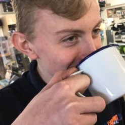 Falcon Enamelware Mug, Heavy Gauge (White With Blue Rim) 8cm -Outwell Zone image f24cd66e 2a49 4ee7 b689 191bf454e8c9